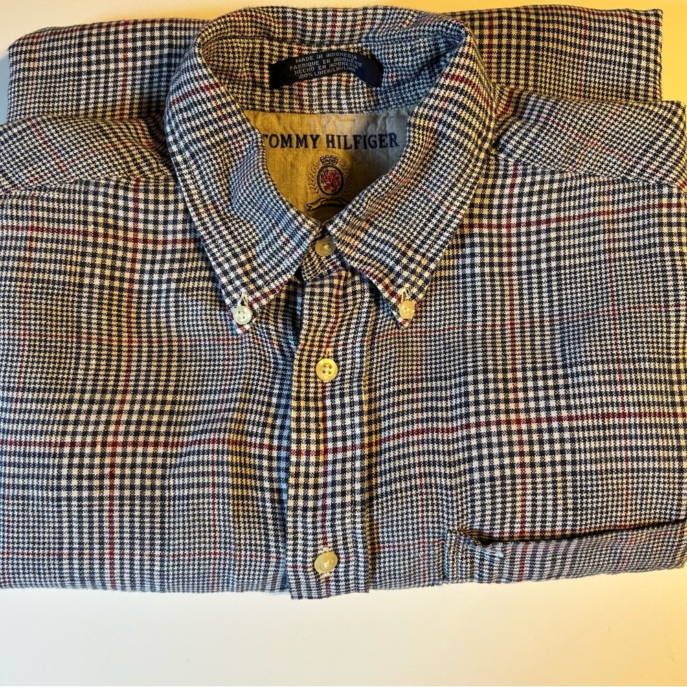 Tommy Hilfiger Medium Long‎ Sleeve  Linen Shirt RWB Plaid Business Casual